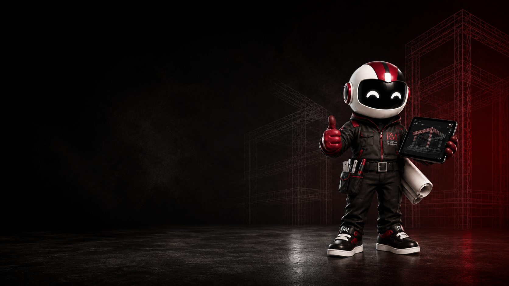 Banner RM Studio Design com mascote e estruturas 3D